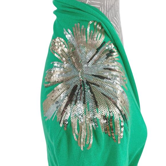 Bright Green Holiday Cardigan Open Front Gold Sequin Flower Sunbursts INC size M - Picture 5 of 9